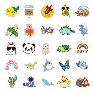 Detail view of 25 cute waterproof cartoon stickers with animal and astronaut designs