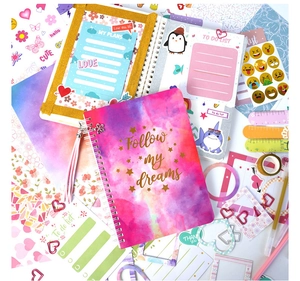 Detailed flat-lay of pink DIY journal set with spiral notebook and creative stickers