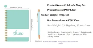 Detailed infographic showing components of mint green DIY journal set for children