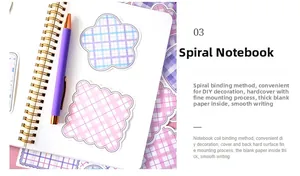 Detail of DIY journal set showing a purple spiral notebook with thick blank inner pages