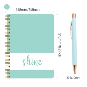 Mint green spiral notebook with shine text and matching ballpoint pen stationery set