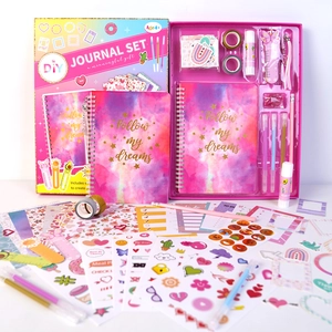 Pink DIY Journal Set with spiral notebooks, stickers, and decorative stationery for kids