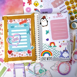 Pink DIY journal gift set with notebook, stickers, and glitter tape for creative scrapbooking