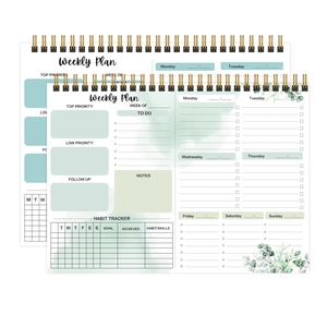 A4 spiral weekly planner with eucalyptus leaf design for task habit tracking