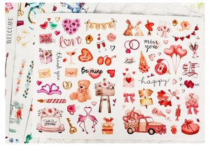 Detailansicht der Aquarell-Valentinstag-Sticker mit rosa Herzen und romantischen Motiven
