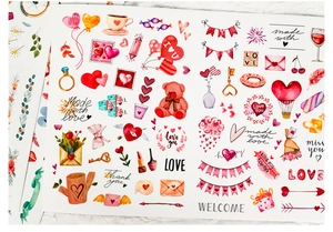 Detailansicht von Aquarell-Valentinstagsaufklebern mit Teddybären und Herzballons