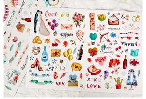 Details von Aquarell-Hochzeitsstickern mit Liebesmotiven für Planer und Sammelalben