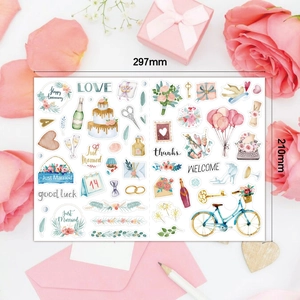 A4 Aquarell Hochzeitsaufkleber mit romantischen Herzen und Blumen für Scrapbooking