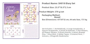 Detail list of purple floral A6 scrapbook set components including stickers and stationery