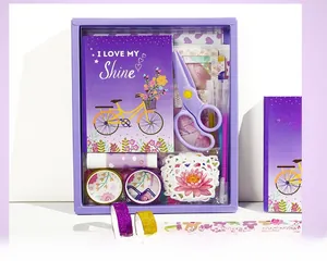 Detailed view of the purple floral stationery gift set with notebook and stickers