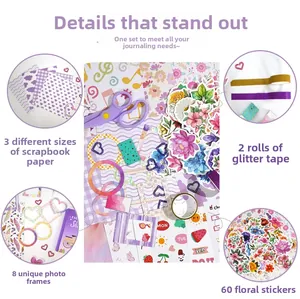 Detail of floral scrapbook kit with purple frames, glitter tapes, and 60 flower stickers