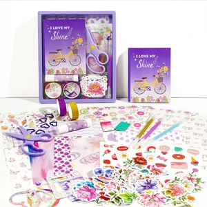 Purple Floral DIY Journal Notebook Stickers Washi Tape Pens Scissors Scrapbooking Stationery For Girls Kids