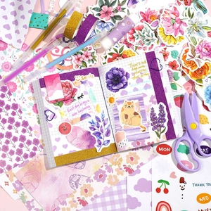 180pcs vintage floral scrapbook kit with purple notebook stickers and craft tools