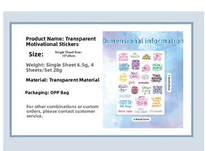 Detailed sizing chart for transparent motivational quote stickers in 15x20cm sheets