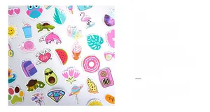 Waterproof vinyl stickers set featuring colorful flamingo rainbow and donut patterns