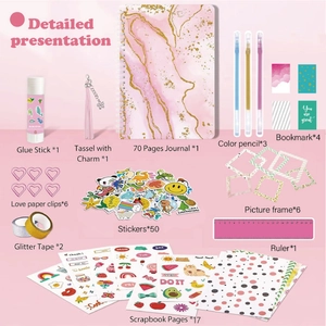 DIY Journal Kit for kids featuring pink marble notebook, glitter pens, and sticker set