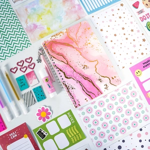 Pink marble DIY journal set for girls including stickers pens and clips for scrapbooking