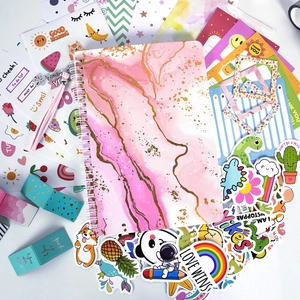 Pink marble DIY journal set with spiral notebook, cartoon stickers and decorative cards