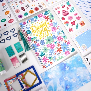 Blue Dream Big stationery set with spiral notebook floral stickers and heart clips