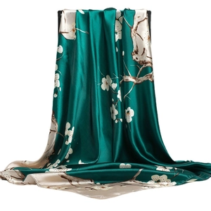 Elegant 90cm dark green silk scarf with plum blossom print and smooth satin texture