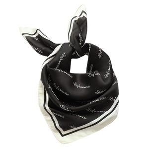 Minimalist black and white satin scarf with elegant script lettering and white border