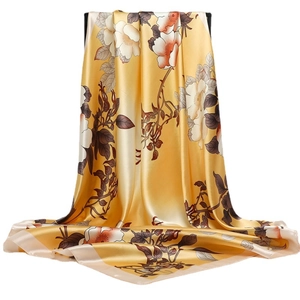 Elegant floral satin silk scarf with orange-gold gradient flowers for women 90cm
