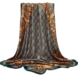 Dark green silk shawl with golden baroque floral patterns and Greek key border design