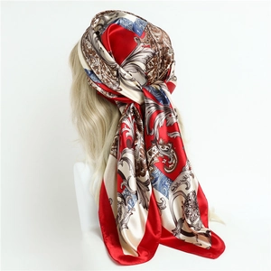 90x90cm red paisley silk satin square scarf shown as a stylish headwrap on a model