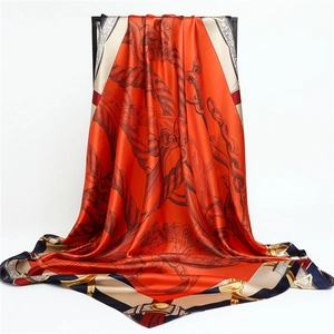 Nautical theme large silk scarf with anchor chain pattern in orange and navy blue