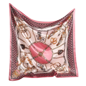 Pink and beige 90x90cm satin square scarf with elegant equestrian horse bit and chain print