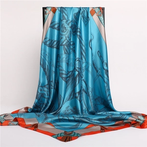 Nautical theme silk-style large square scarf with blue and orange chain pattern