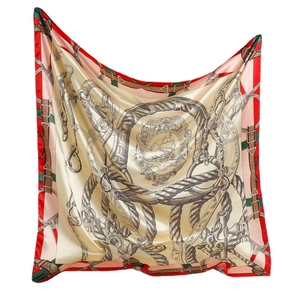 Elegant large silk-like square scarf featuring vintage equestrian patterns and bold borders