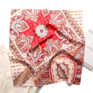Red and cream paisley satin square scarf with ethnic mandala print and soft silk texture
