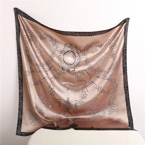 Baroque style champagne silk scarf with rose patterns and deer head motif on white stand