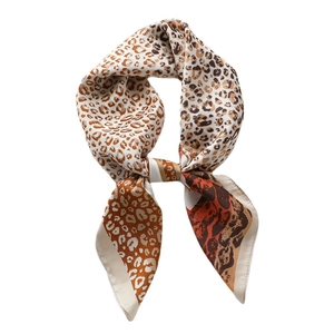Two-tone leopard print silk scarf for women in brown and orange tones, 70cm square