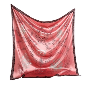 Pink satin square scarf with black geometric border and vintage heraldic print