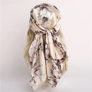 Satin floral silk headscarf in beige and brown, vintage style shawl for women