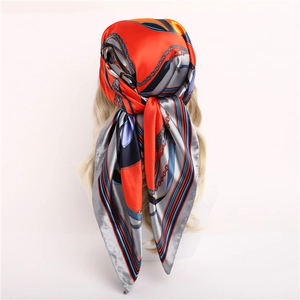 90x90cm satin silk scarf featuring classic equestrian chain patterns in red and grey