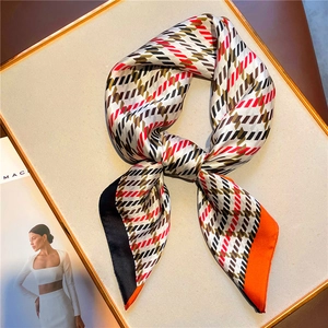Elegant houndstooth silk scarf with red and orange color-blocking trim in 70cm square size