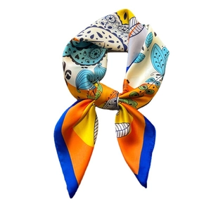 Colorful Bohemian style printed silk scarf featuring heart patterns and satin finish