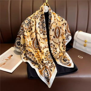 European vintage floral silk scarf with golden pattern and white border, 90x90cm size