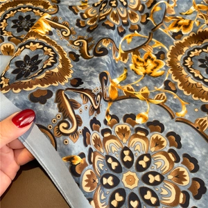Detail of European retro floral mandala print on 90x90cm silk scarf with soft drape