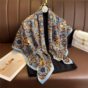 European vintage floral silk scarf 90x90cm in blue and gold for women draped elegantly