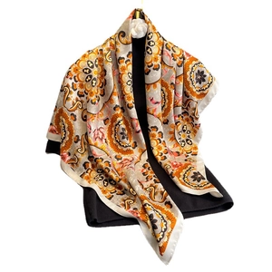 European style large 90x90cm floral print silk scarf with mandala pattern in yellow and orange