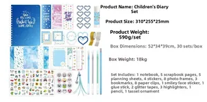 Blue DIY journal kit detail with notebook, stickers, bookmarks, and stationery items
