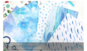 Detail of 5 blue scrapbook papers with snowflake and marble patterns for DIY journal sets