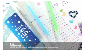 Detailed close-up of blue DIY journal set including heart clips, pens, and bookmarks