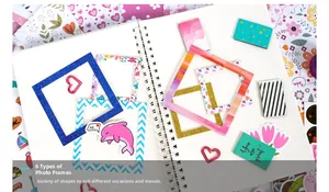 Close-up of 6 styles of decorative frames and stickers for DIY journal scrapbook set