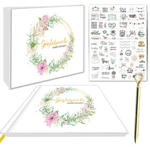 Wedding guest book set with floral wreath, diamond pen and themed decorative stickers
