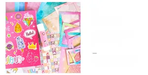 Detailed close-up of pink DIY journal set with glitter borders and cute cartoon stickers